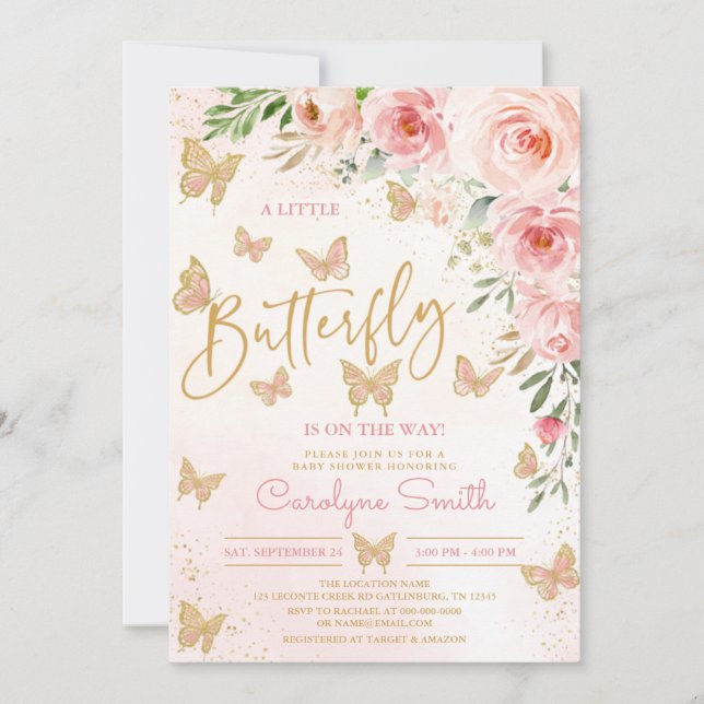 Chica de invitación a Baby Shower para mariposa (Anverso)