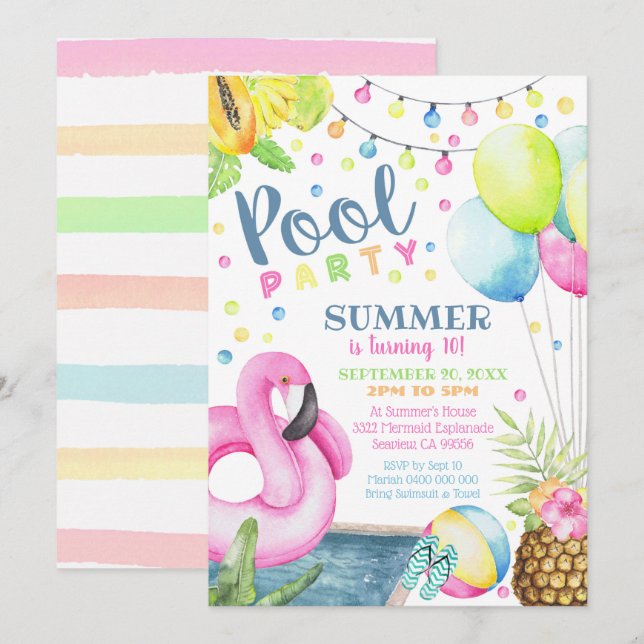 Chica de Invitación a Fiesta en la Piscina Flaming (Anverso / Reverso)