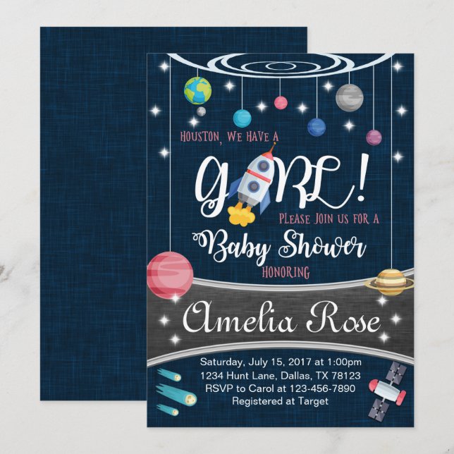 Chica de Invitación a la Baby Shower en el espacio (Anverso / Reverso)