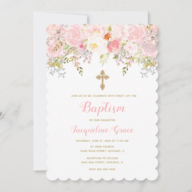 Chica de invitación a la Comunión floral rosa y do (Anverso)