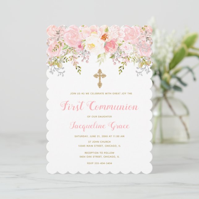 Chica de invitación a la Comunión floral rosa y do (Anverso de pie)