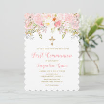 Chica de invitación a la Comunión floral rosa y do