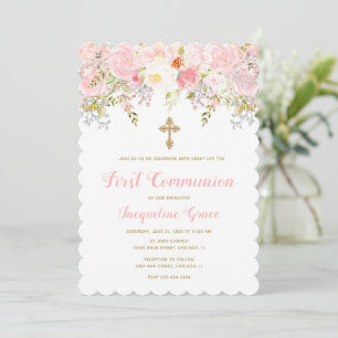 Chica de invitación a la Comunión floral rosa y do