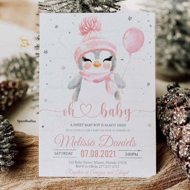 Chica de invitación a la ducha de bebé Pingüino de (Penguin baby shower invitation girl, penguin baby shower girl, pink penguin baby shower invitation, )