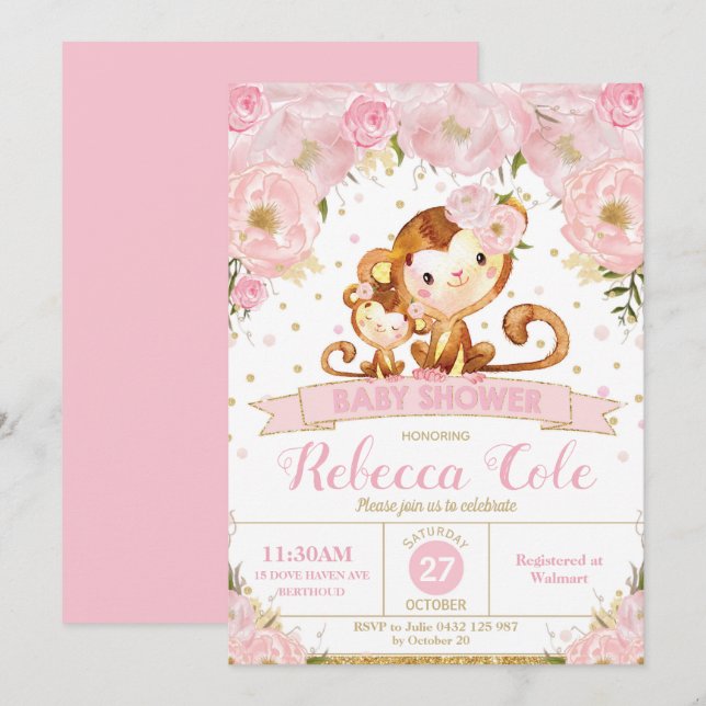 Chica de invitación a Monkey Floral Baby Shower (Anverso / Reverso)