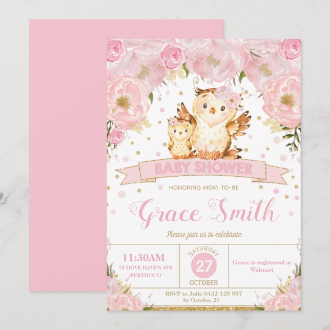 Chica de invitación a Owl Floral Baby Shower (Anverso / Reverso)