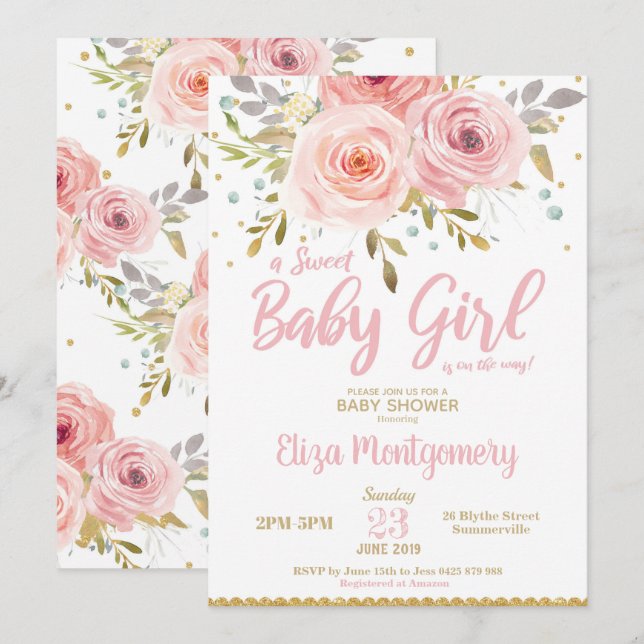 Chica de invitación a Rubor Floral Baby Shower ros (Anverso / Reverso)