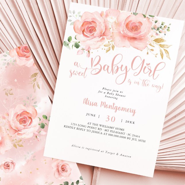 Chica de invitación a Rubor Floral Baby Shower ros (Subido por el creador)