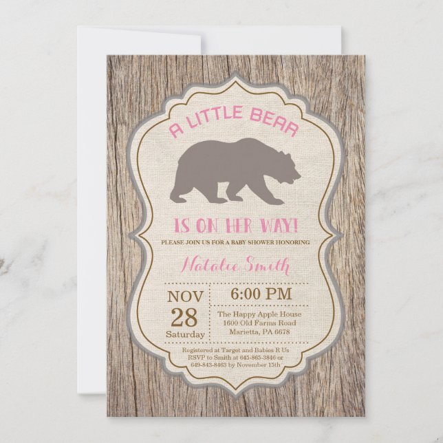 Chica de invitación a Rustic Bear Baby Shower (Anverso)