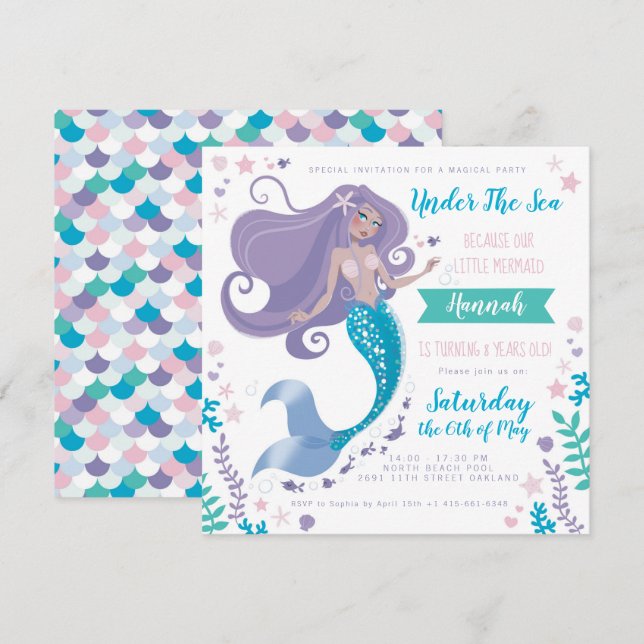 Chica de invitación a sirena de cumpleaños Fiesta  (Anverso / Reverso)