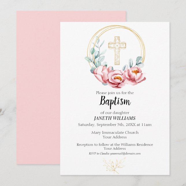 Chica de invitación al bautismo, floral (Anverso / Reverso)