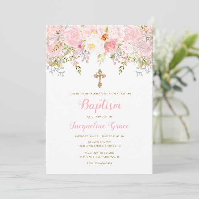 Chica de invitación al bautismo floral rosa y dora (Anverso de pie)