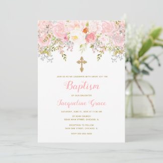 Chica de invitación al bautismo floral rosa y dora