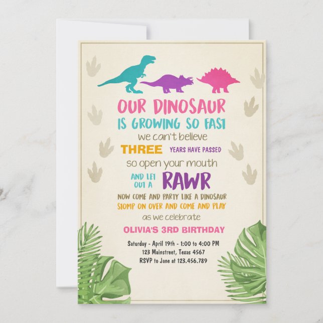 Chica de invitación al cumpleaños de Dinosaur Fies (Anverso)