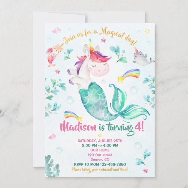 Chica de invitación al cumpleaños Mermicorn fiesta (Anverso)