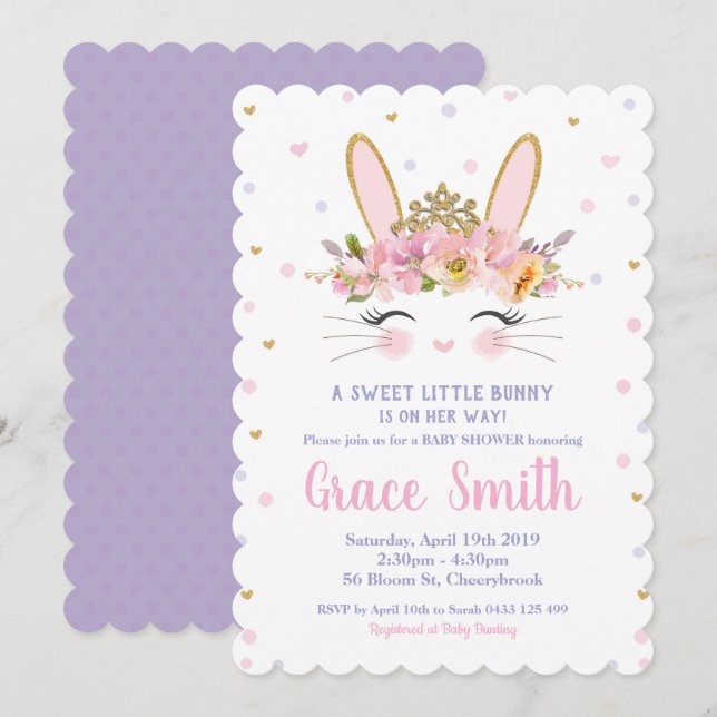 Chica de invitación Baby Shower conejito morado (Anverso / Reverso)