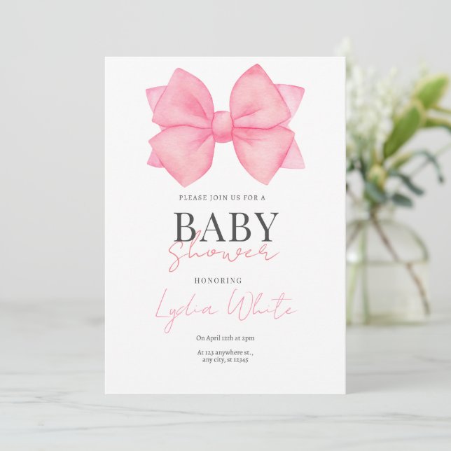 Chica de invitación Baby Shower de color rosa Bow  (Anverso de pie)