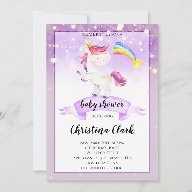 Chica de invitación Baby Shower morado unicornio (Anverso)