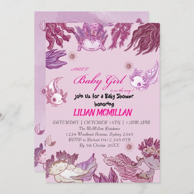 Chica de invitación de Baby Shower de AXOLOTL PINK (Anverso / Reverso)