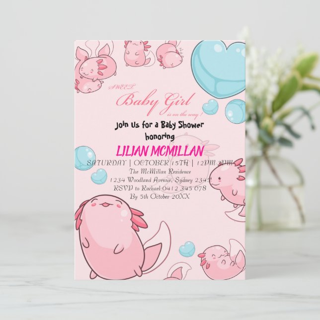 Chica de invitación de Baby Shower de AXOLOTL PINK (Anverso de pie)