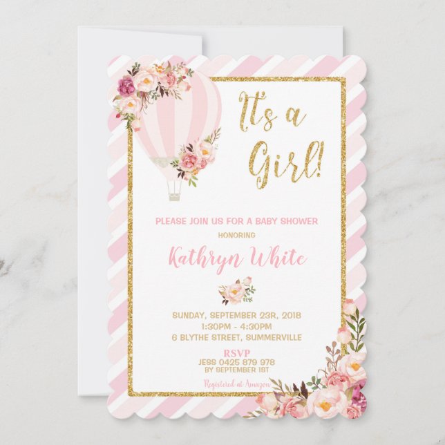 Chica de invitación de Baby Shower de globo aerost (Anverso)