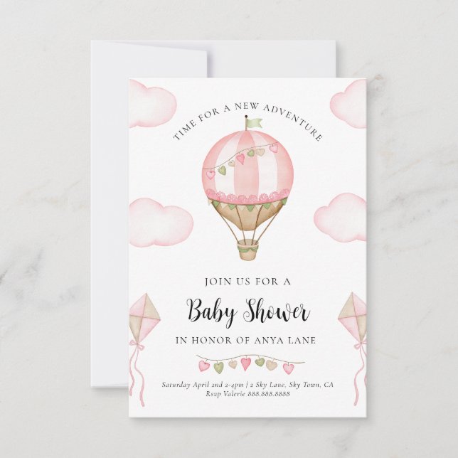 Chica de invitación de Baby Shower de globo aerost (Anverso)