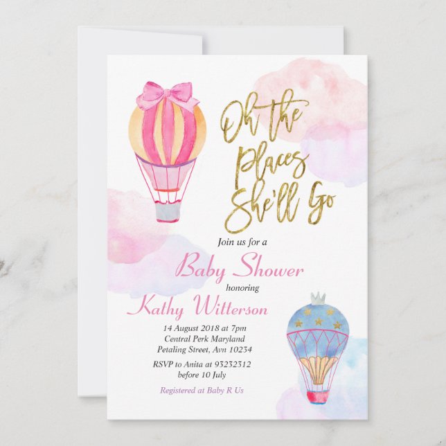 Chica de invitación de Baby Shower de globo aerost (Anverso)