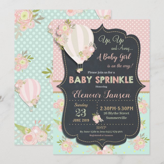 Chica de invitación de Baby Shower de globo aerost (Anverso / Reverso)