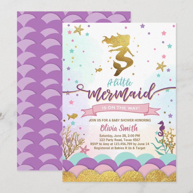 Chica De Invitación De Baby Shower De Mermaid Unde (Anverso / Reverso)