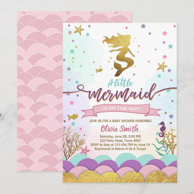 Chica De Invitación De Baby Shower De Mermaid Unde (Anverso / Reverso)