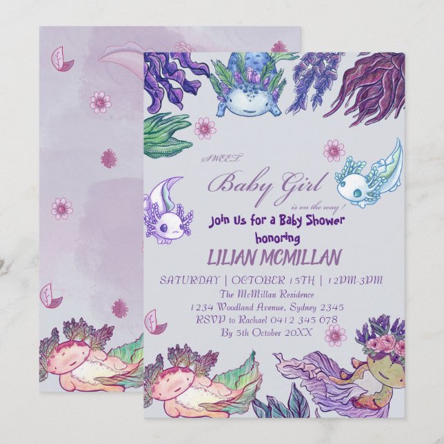 Chica de invitación de Baby Shower PURPLE AXOLOTL (Anverso / Reverso)