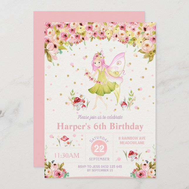 Chica de invitación de cumpleaños de Floral Woodla (Anverso / Reverso)