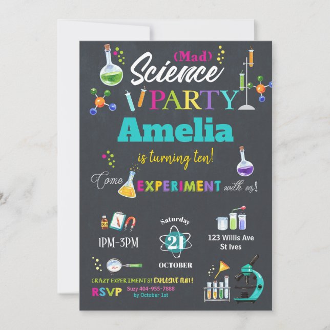 Chica de invitación de cumpleaños de Mad Science F (Anverso)