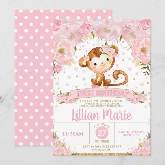 Chica de Invitación de Cumpleaños de Mono Floral R (Anverso / Reverso)