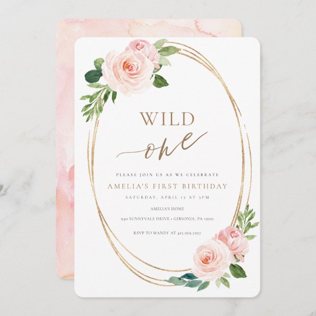 Chica de Invitación de cumpleaños de Wild One Flor (Anverso / Reverso)