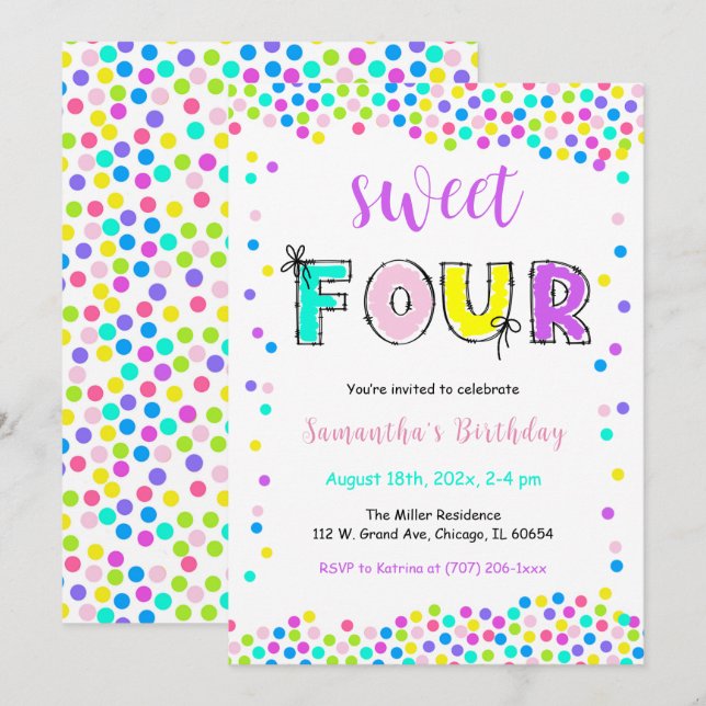 Chica de Invitación de Cumpleaños Editable 4 Años (Anverso / Reverso)