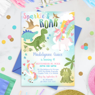 Chica de Invitación de Dinosaurio y Unicornio