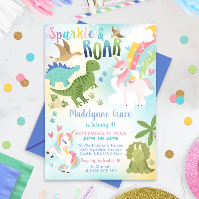 Chica de Invitación de Dinosaurio y Unicornio (Subido por el creador)