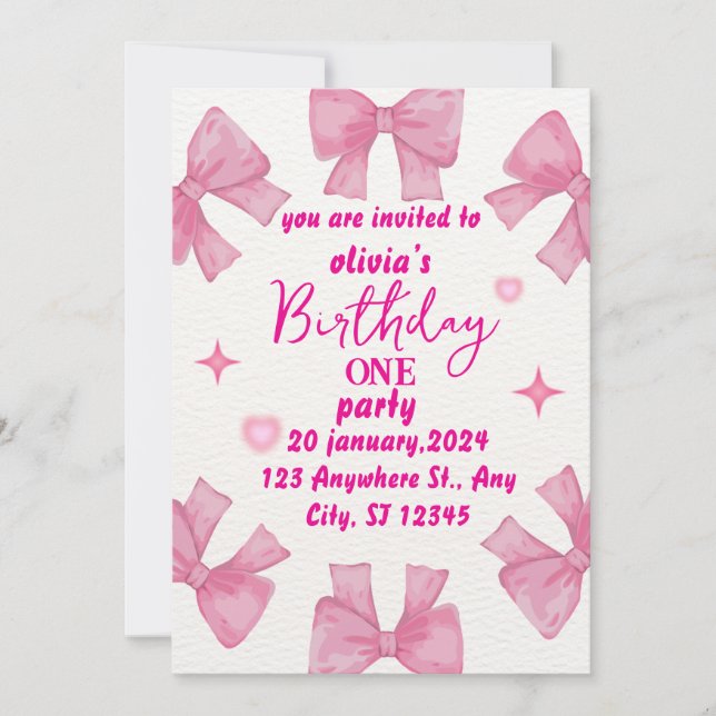 Chica de Invitación de Primer Cumpleaños de Pink B (Anverso)