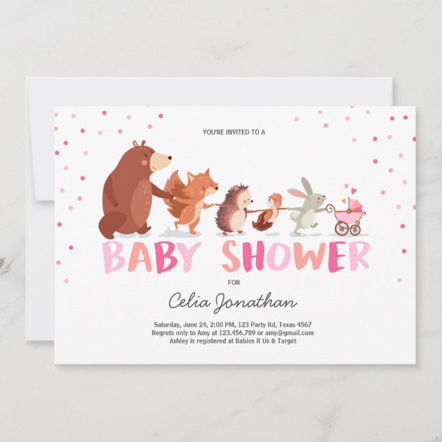 Chica de invitación de Woodland Baby Shower animal (Anverso)