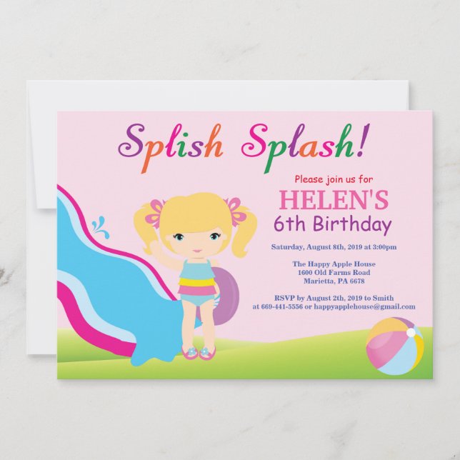 Chica de invitación por cumpleaños de la piscina c (Anverso)
