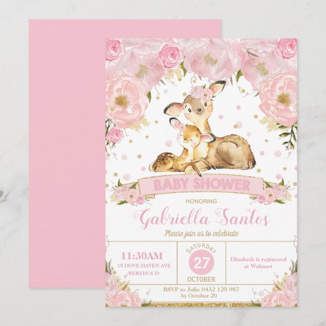 Chica de invitaciones a Baby Shower de Deer Floral (Anverso / Reverso)