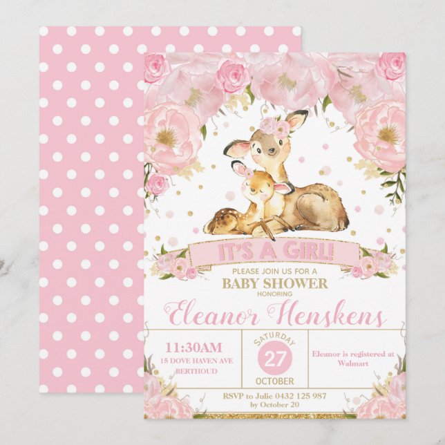 Chica de invitaciones a Baby Shower de Deer Floral (Anverso / Reverso)