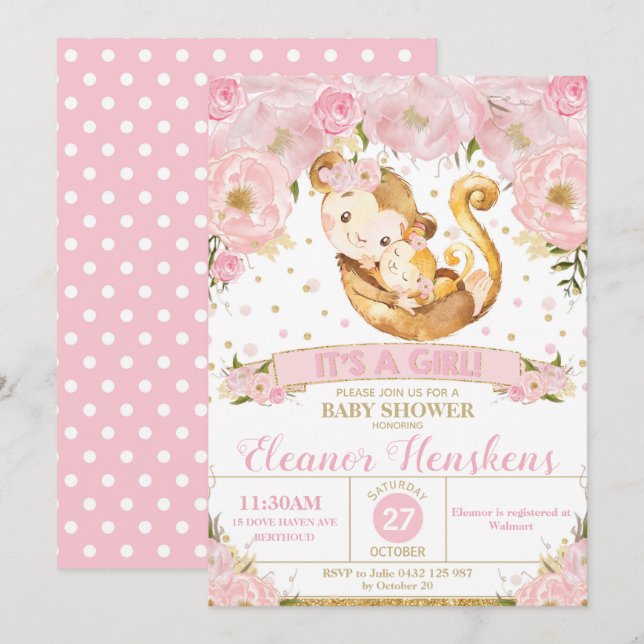 Chica de invitaciones a Baby Shower de Monkey Flor (Anverso / Reverso)