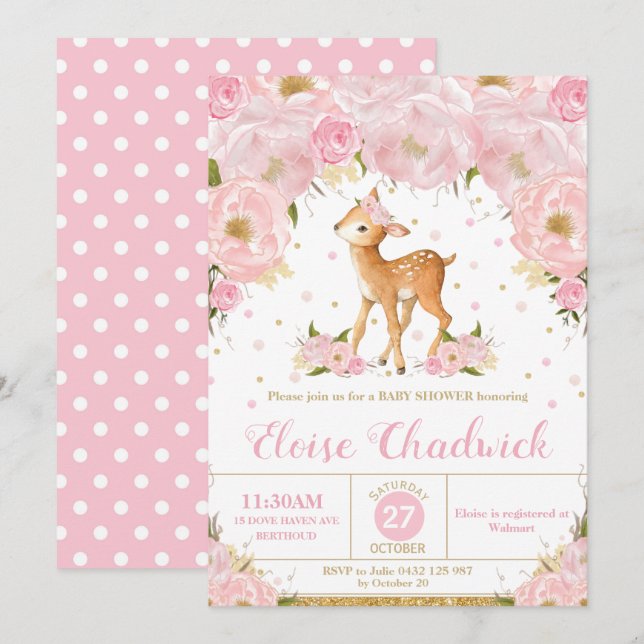 Chica de invitaciones a Baby Shower Floral de Deer (Anverso / Reverso)