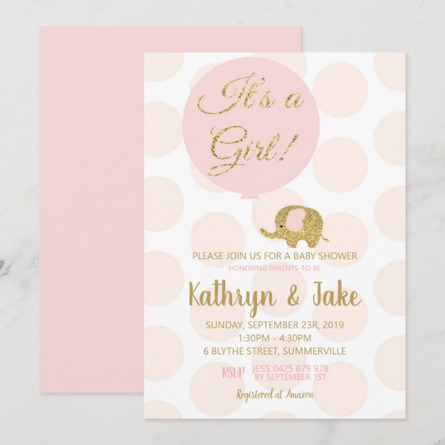 Chica de invitaciones a Baby Shower para elefantes (Anverso / Reverso)