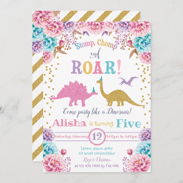 Chica de invitaciones a cumpleaños de Dinosaurio C (Anverso / Reverso)