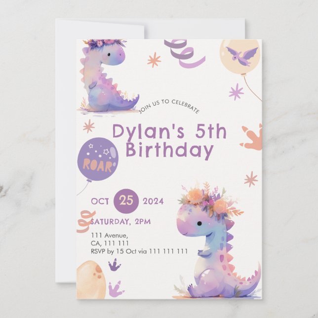 Chica de invitaciones a cumpleaños de dinosaurio l (Anverso)
