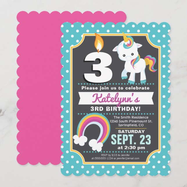 Chica de invitaciones a cumpleaños de Unicornio y  (Anverso / Reverso)