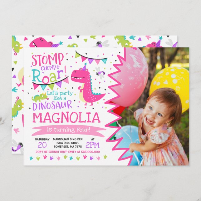 Chica de invitaciones a cumpleaños Dinosaur Fiesta (Anverso / Reverso)